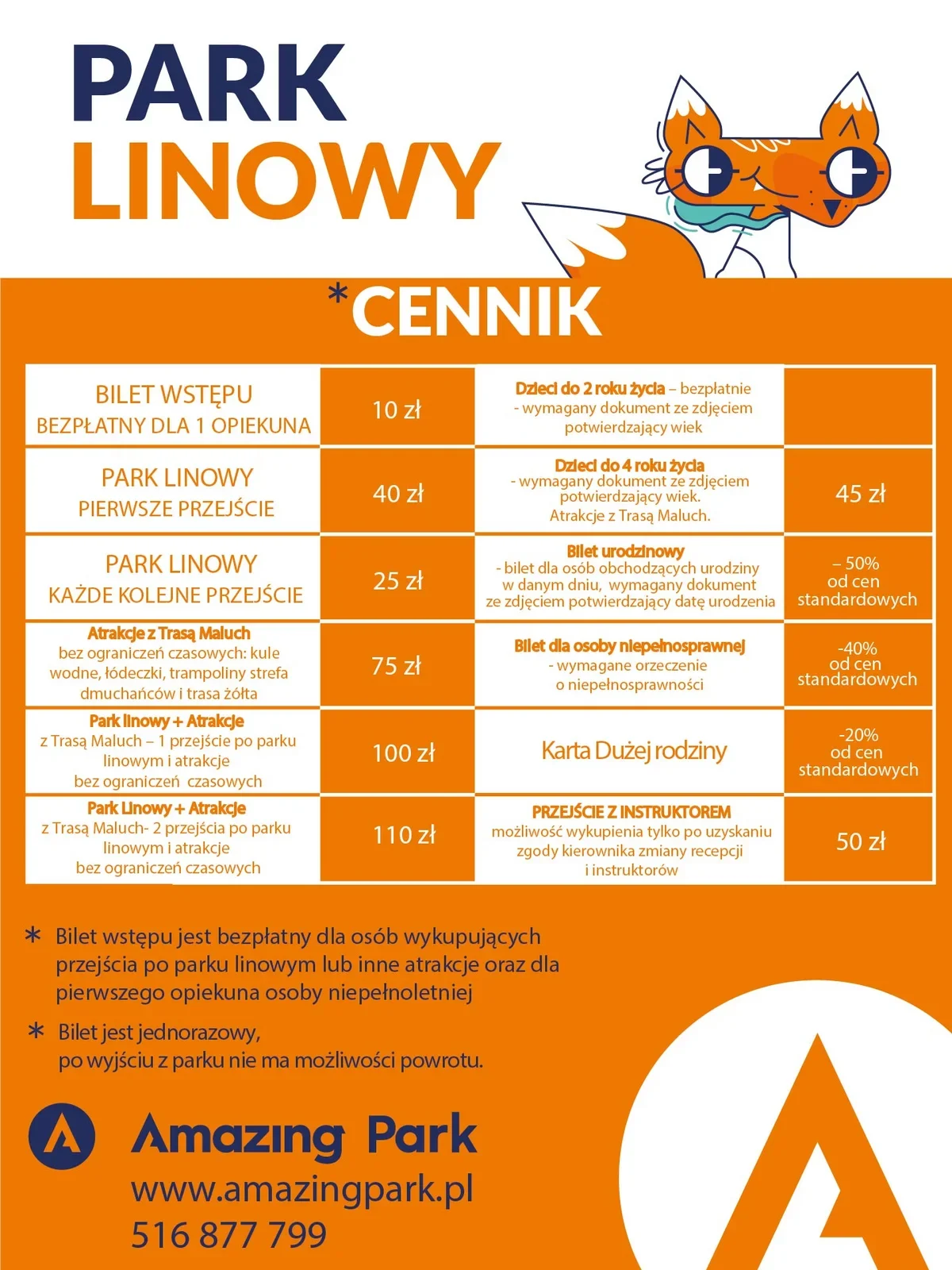 Amazing Park - cennik Park Linowy